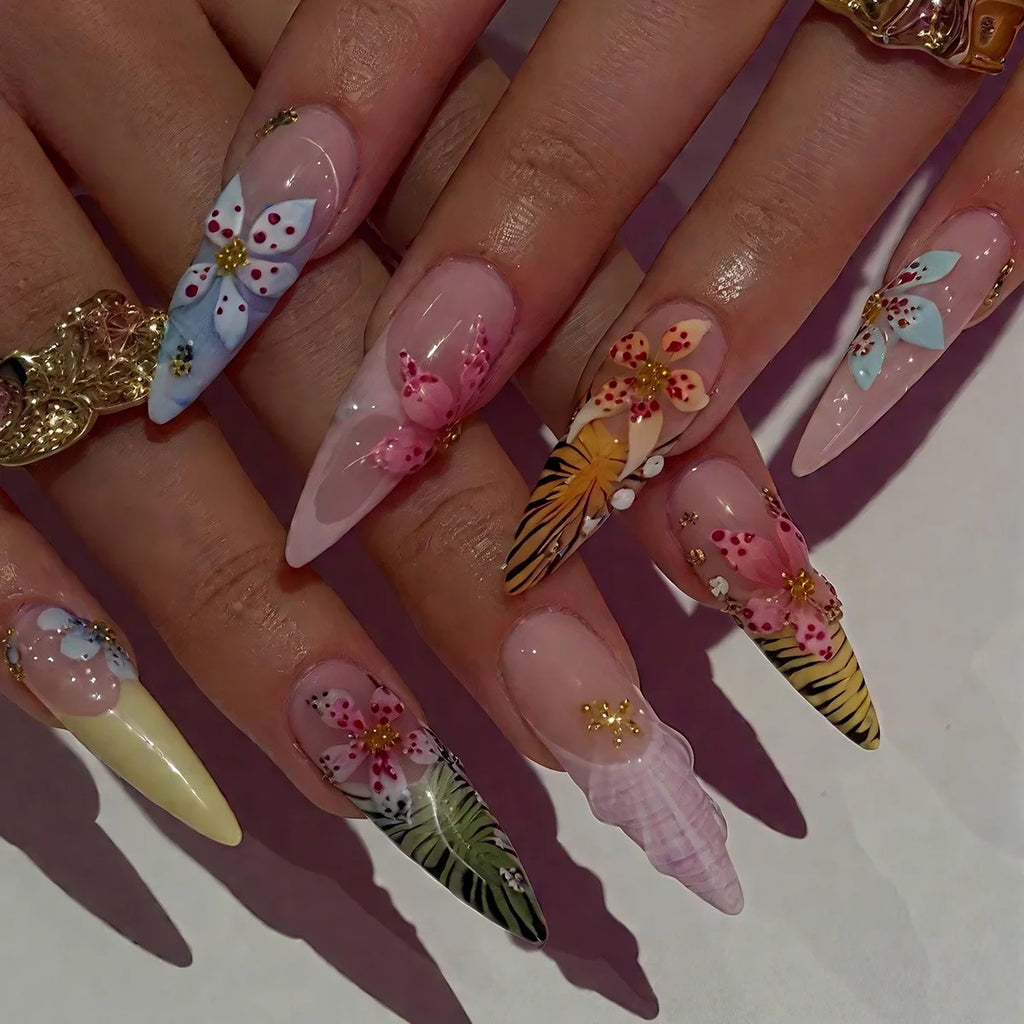 European American Style Manicure Nail Tips 3D Resin-poured French-style Rhinestones Cross-shaped Flower Nail