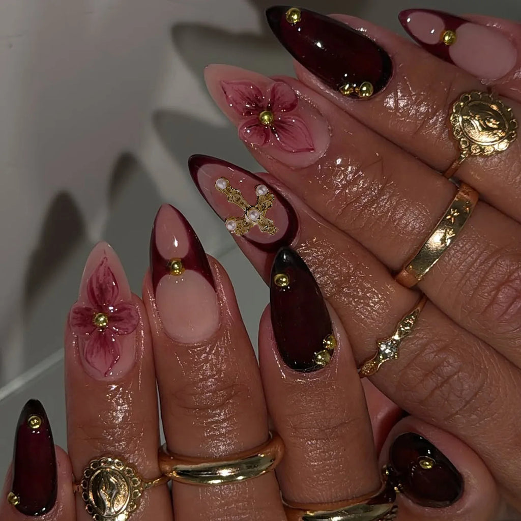 European American Style Manicure Nail Tips 3D Resin-poured French-style Rhinestones Cross-shaped Flower Nail