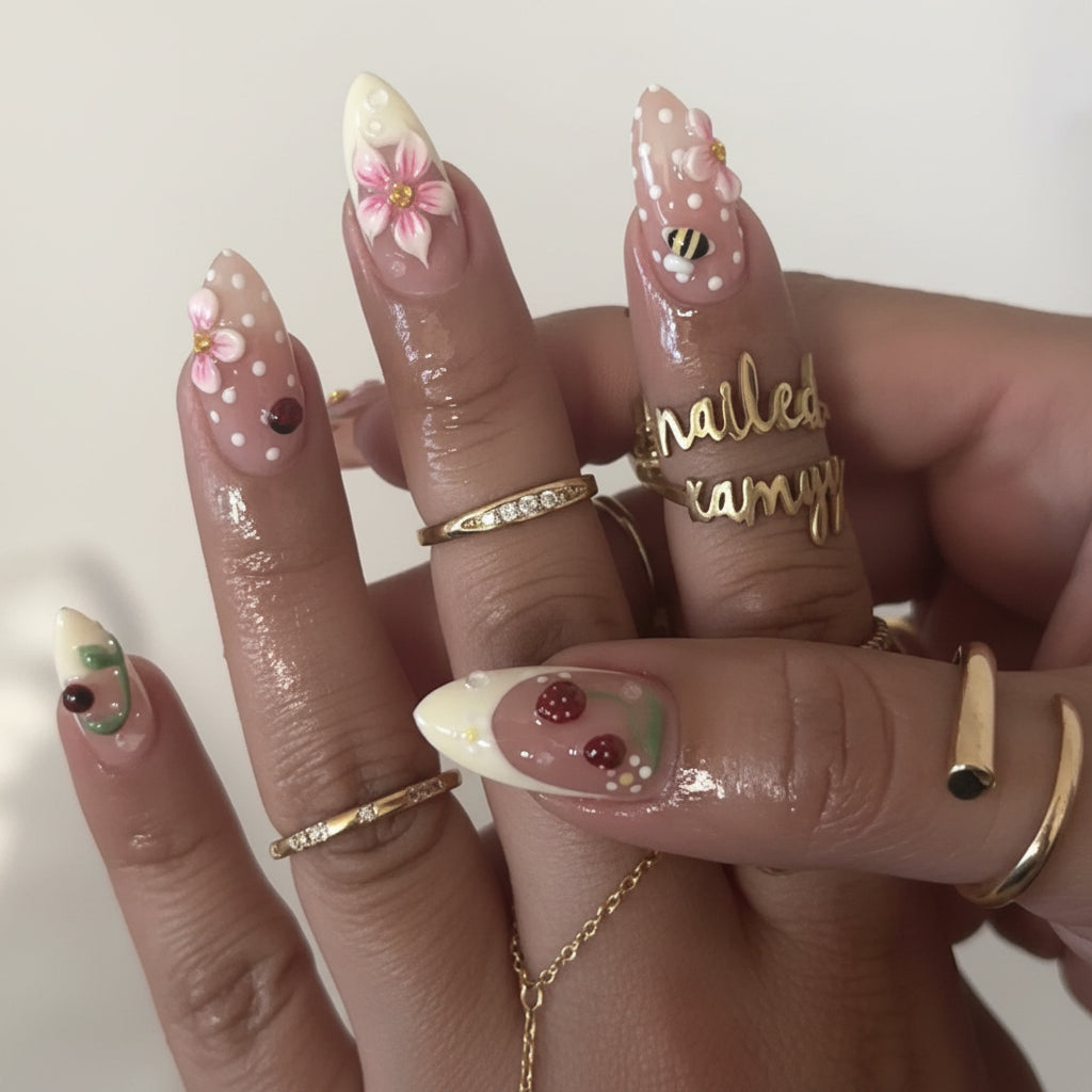 European American Style Manicure Nail Tips 3D Resin-poured French-style Rhinestones Cross-shaped Flower Nail