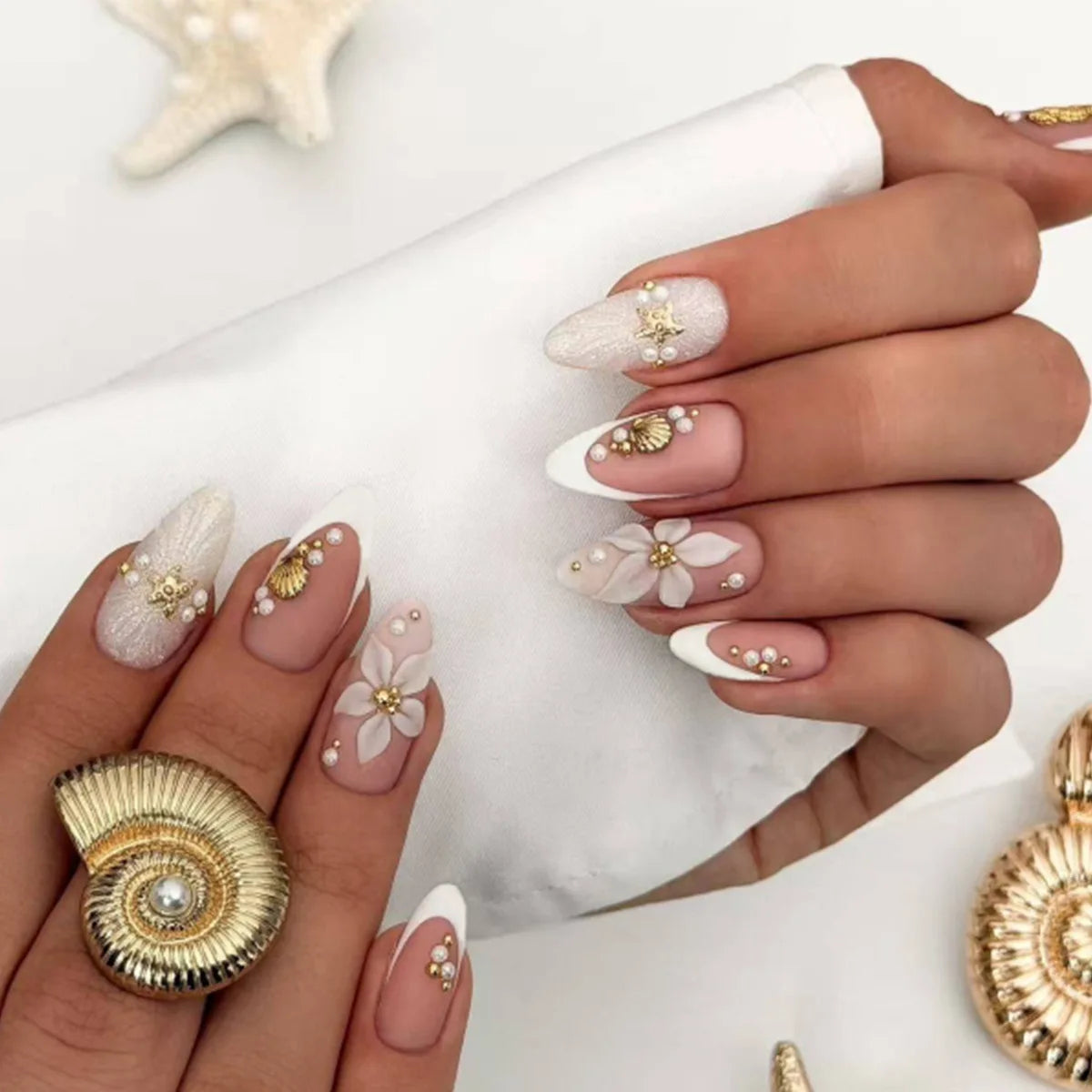 European American Style Manicure Nail Tips 3D Resin-poured French-style Rhinestones Cross-shaped Flower Nail