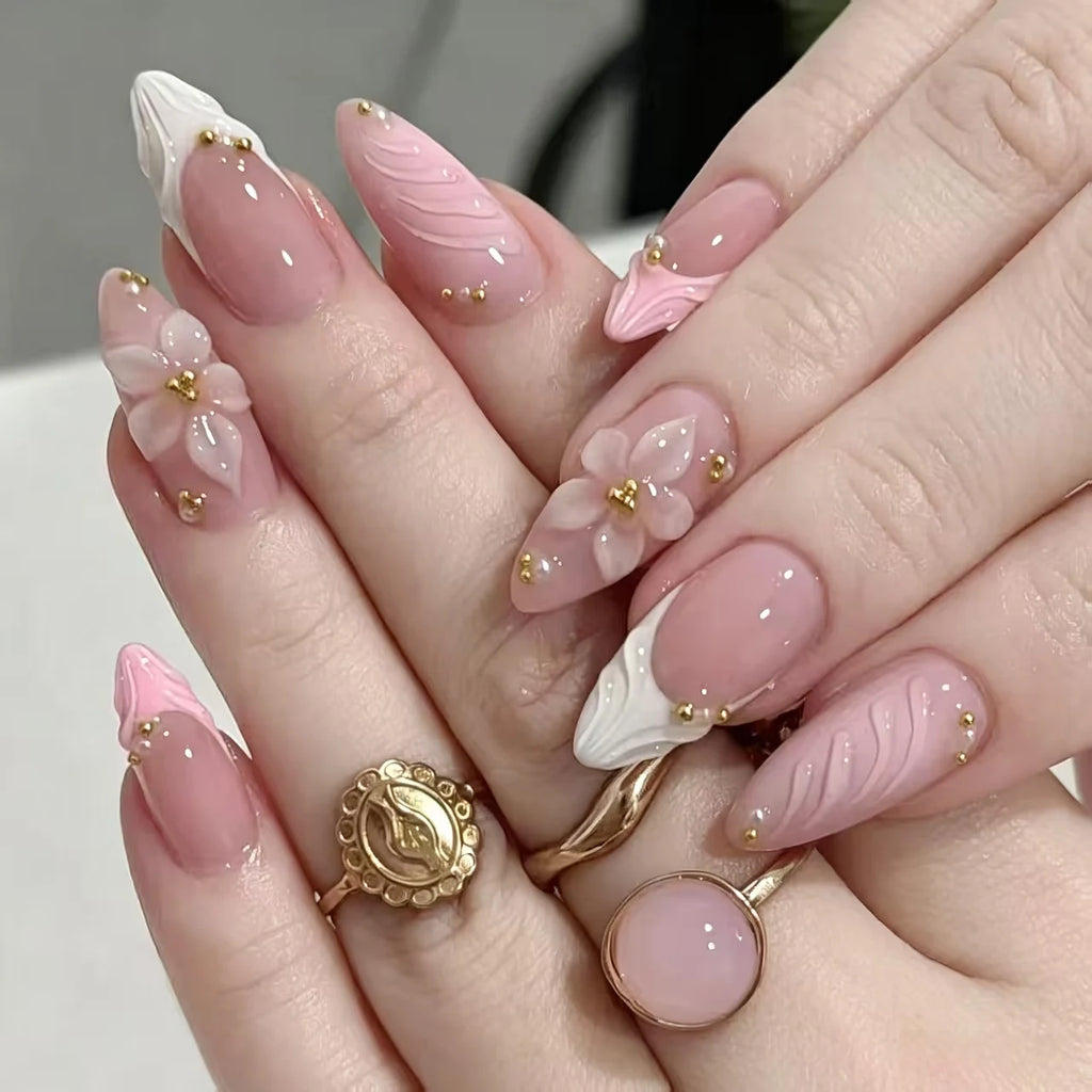 European American Style Manicure Nail Tips 3D Resin-poured French-style Rhinestones Cross-shaped Flower Nail