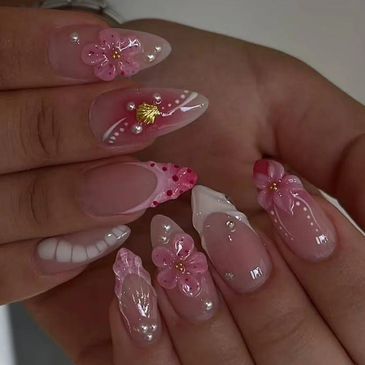 European American Style Manicure Nail Tips 3D Resin-poured French-style Rhinestones Cross-shaped Flower Nail