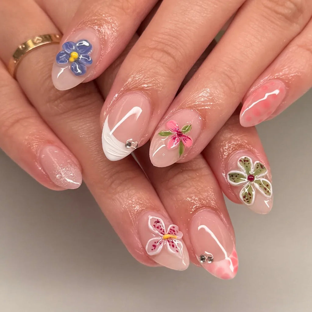 European American Style Manicure Nail Tips 3D Resin-poured French-style Rhinestones Cross-shaped Flower Nail
