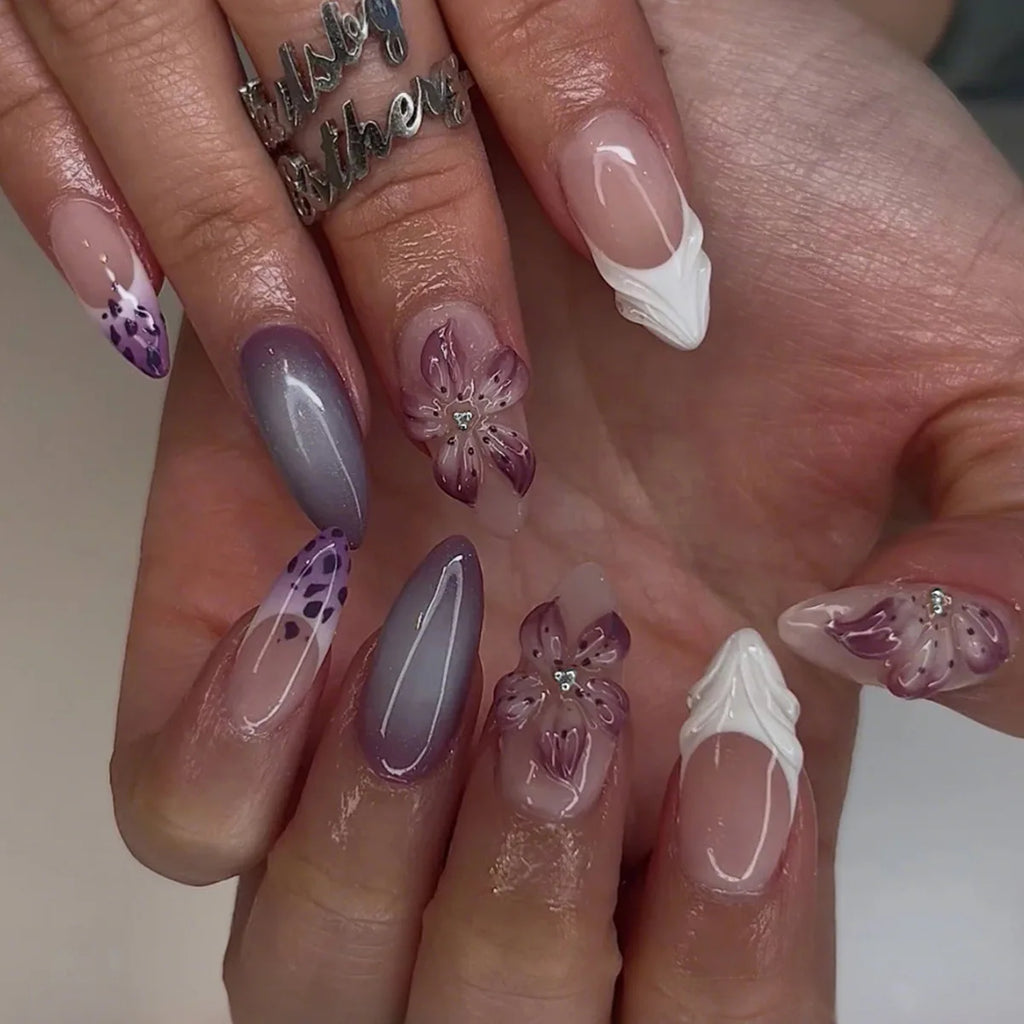 European American Style Manicure Nail Tips 3D Resin-poured French-style Rhinestones Cross-shaped Flower Nail