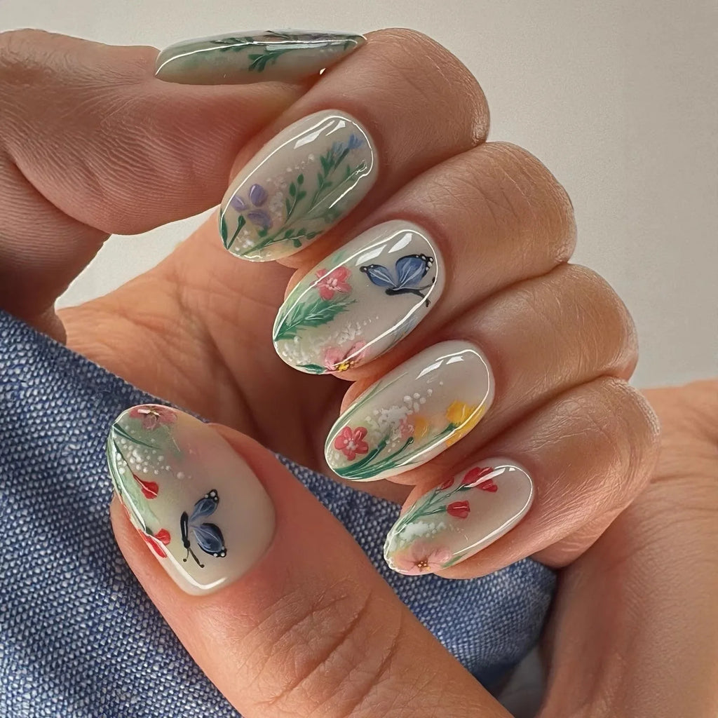 24pcs Pink Flower Almond Press on Nails Kawaii False Nails Wearable Stick-on Nails Fake Nail (B)