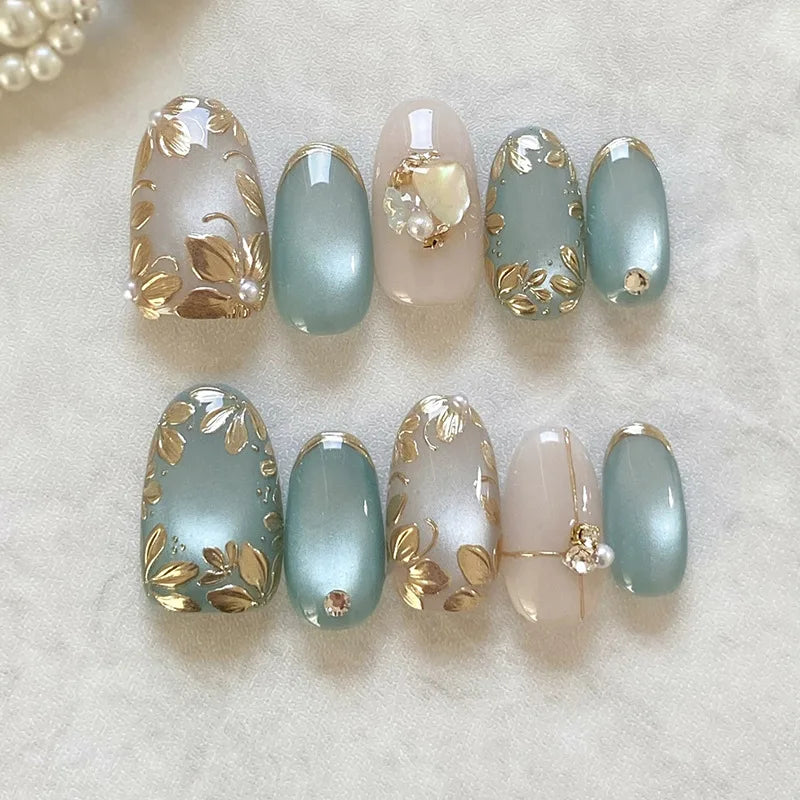 24pcs Pink Flower Almond Press on Nails Kawaii False Nails Wearable Stick-on Nails Fake Nail (B)