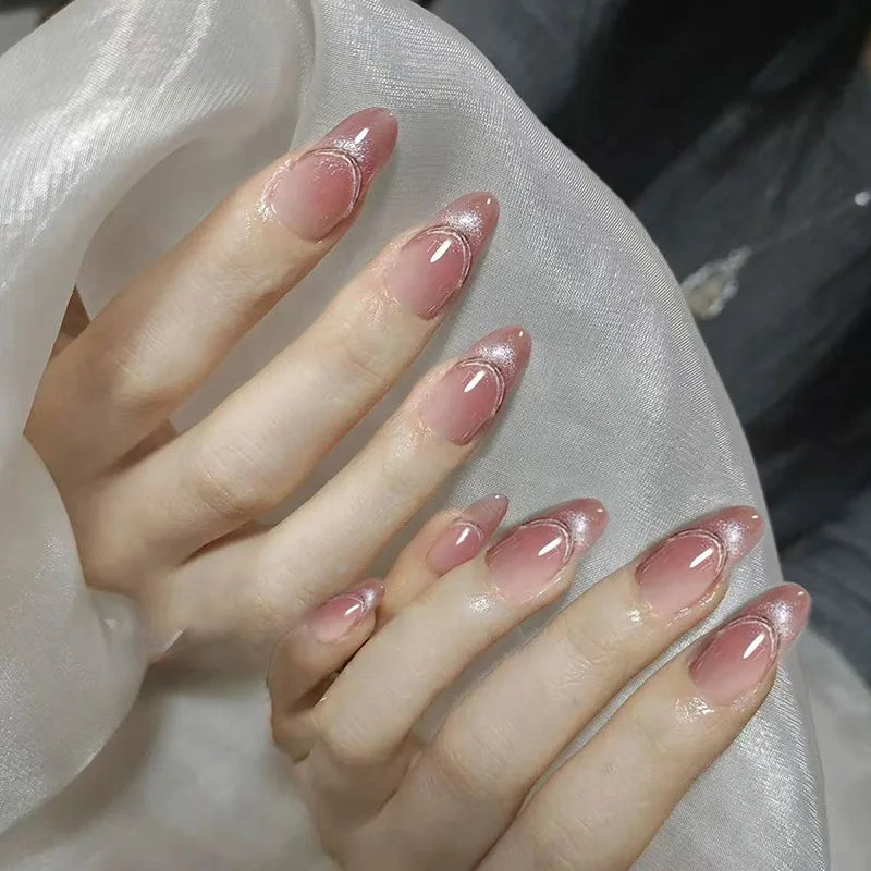 24pcs Pink Flower Almond Press on Nails Kawaii False Nails Wearable Stick-on Nails Fake Nail (B)