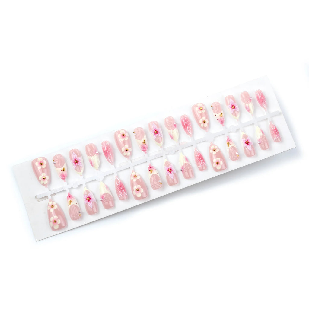 24PCS Press on Nails Pink 3D Pink Flower Marble Wave Print with Gold Bead Fake Nails Elegant Romantic Style Reusable False Nails