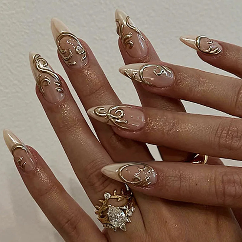24pcs Glitter Cat Eye Fake Nails Medium Almond False Nails Golden Irregular Line Nail Art French Flower Pearl Press on Nails (C)