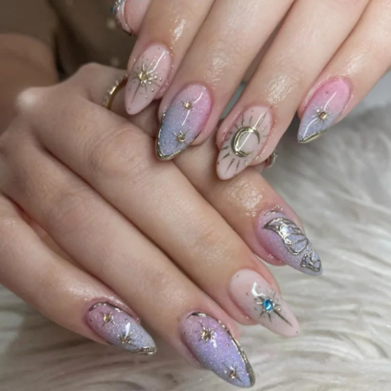 24pcs Glitter Cat Eye Fake Nails Medium Almond False Nails Golden Irregular Line Nail Art French Flower Pearl Press on Nails (C)