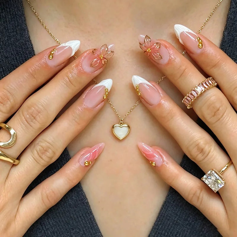 24pcs Pink Flower Almond Press on Nails Kawaii False Nails Wearable Stick-on Nails Fake Nail (B)