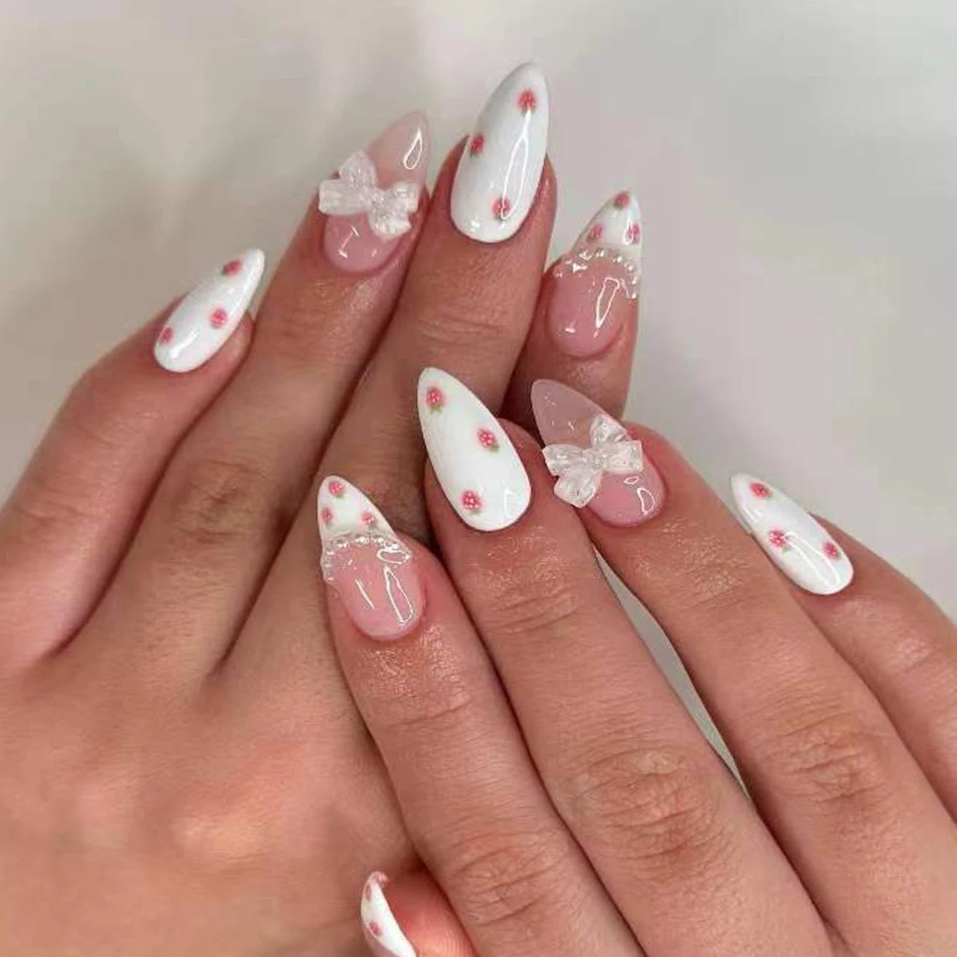 24pcs Medium Square White French Fake Bow Nails  Detachable And Reusable Jelly Glue 1pc Cuticle Pusher