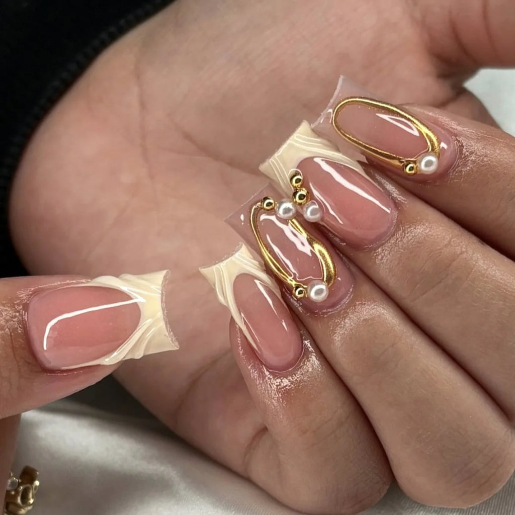 24PCS 3D Glue-on Nails Set for women girls French Style Golden Frame Embossed White Flowers Square Shaped Press on Nails