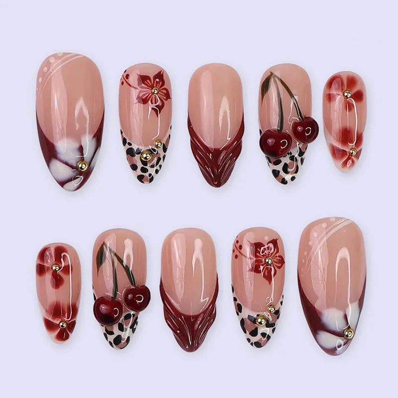 24pcs Pink Flower Almond Press on Nails Kawaii False Nails Wearable Stick-on Nails Fake Nail (B)