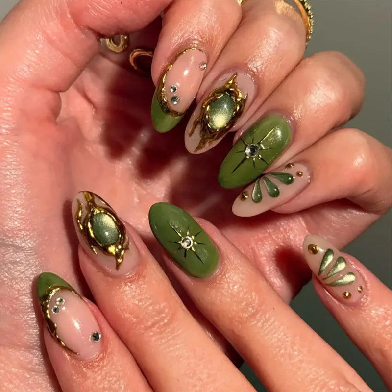 24pcs Glitter Cat Eye Fake Nails Medium Almond False Nails Golden Irregular Line Nail Art French Flower Pearl Press on Nails (C)