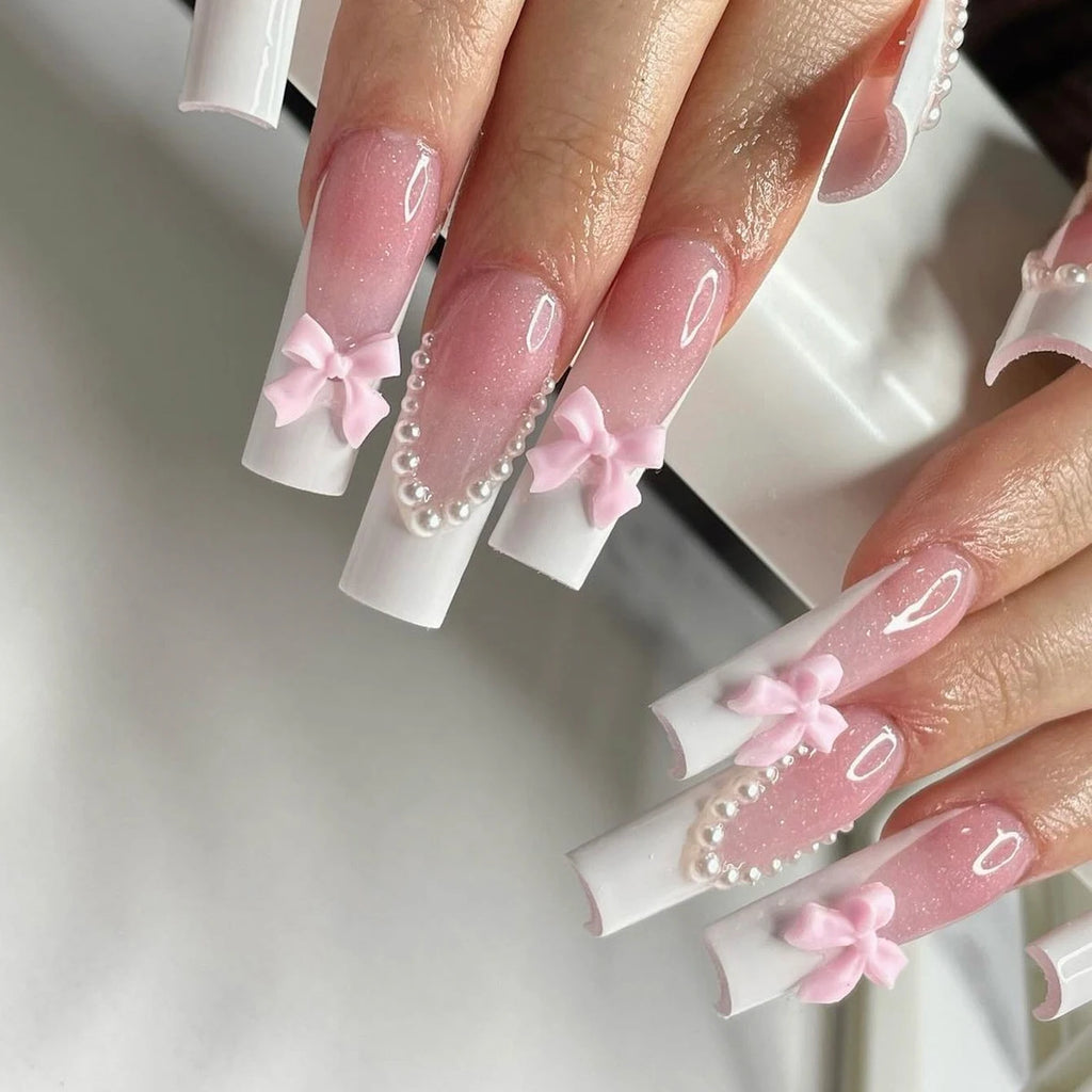 24pcs Medium Square White French Fake Bow Nails  Detachable And Reusable Jelly Glue 1pc Cuticle Pusher