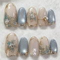 24pcs Glitter Cat Eye Fake Nails Medium Almond False Nails Golden Irregular Line Nail Art French Flower Pearl Press on Nails