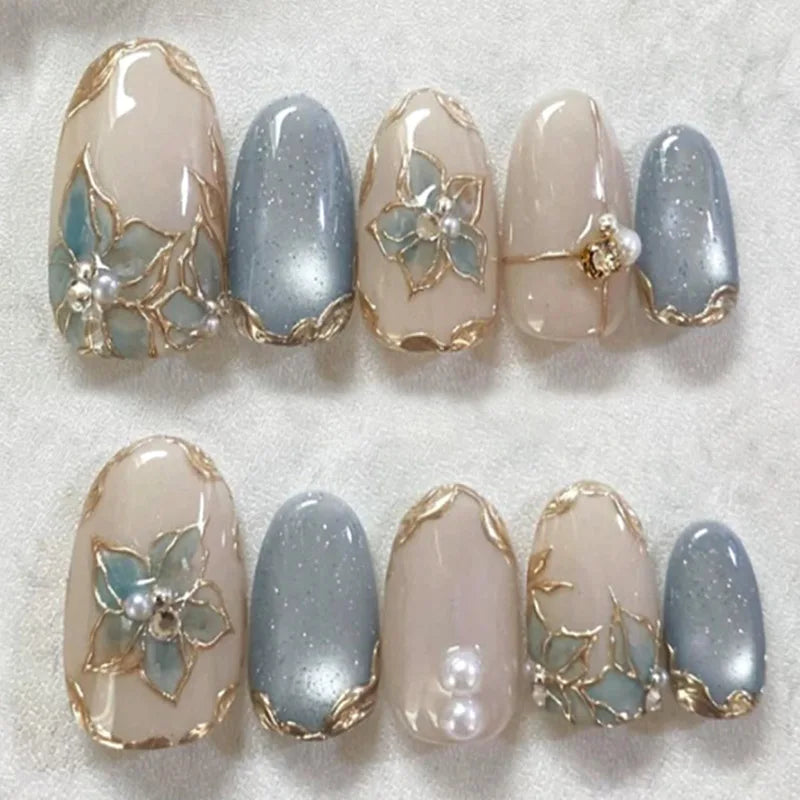 24pcs Glitter Cat Eye Fake Nails Medium Almond False Nails Golden Irregular Line Nail Art French Flower Pearl Press on Nails