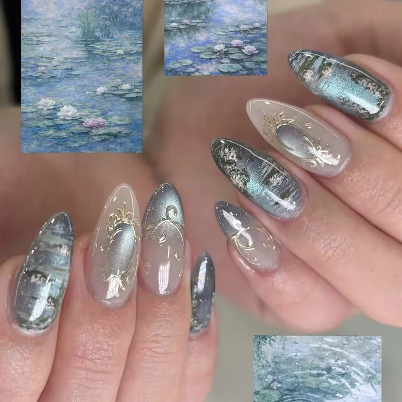 24pcs Glitter Cat Eye Fake Nails Medium Almond False Nails Golden Irregular Line Nail Art French Flower Pearl Press on Nails (C)
