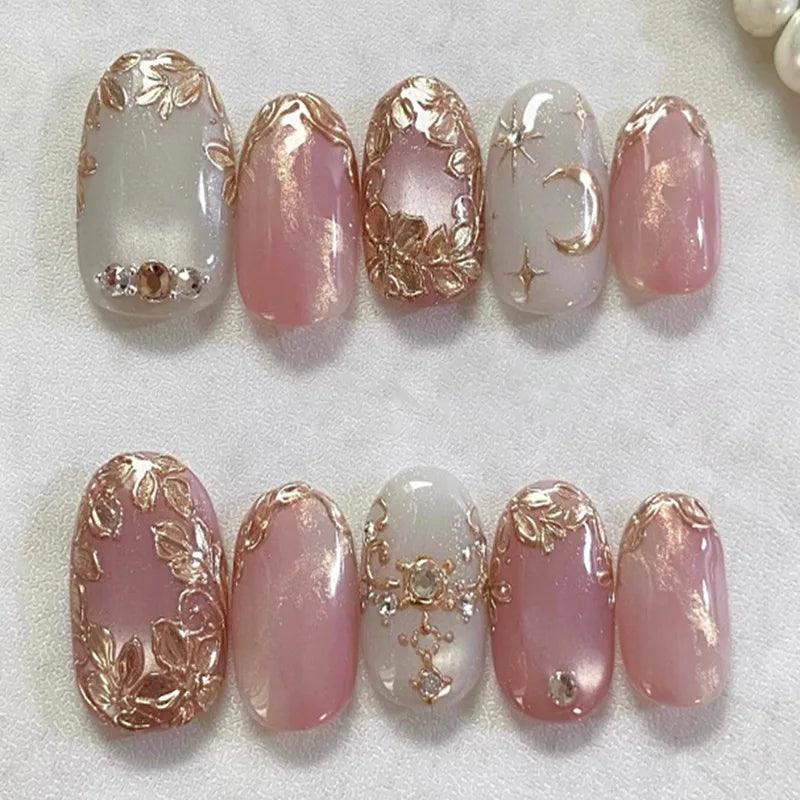 24pcs Glitter Cat Eye Fake Nails Medium Almond False Nails Golden Irregular Line Nail Art French Flower Pearl Press on Nails (C)