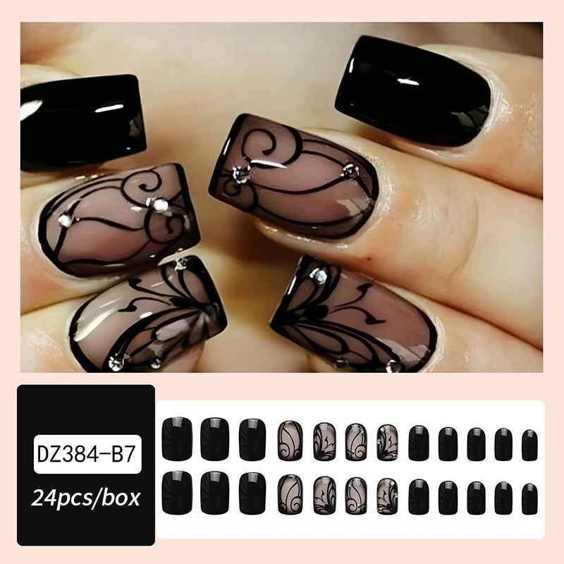24Pcs Fashion French Style False Nails With Jelly Nail Glue Simple Removable Wearable Press On Nail Tip Supply