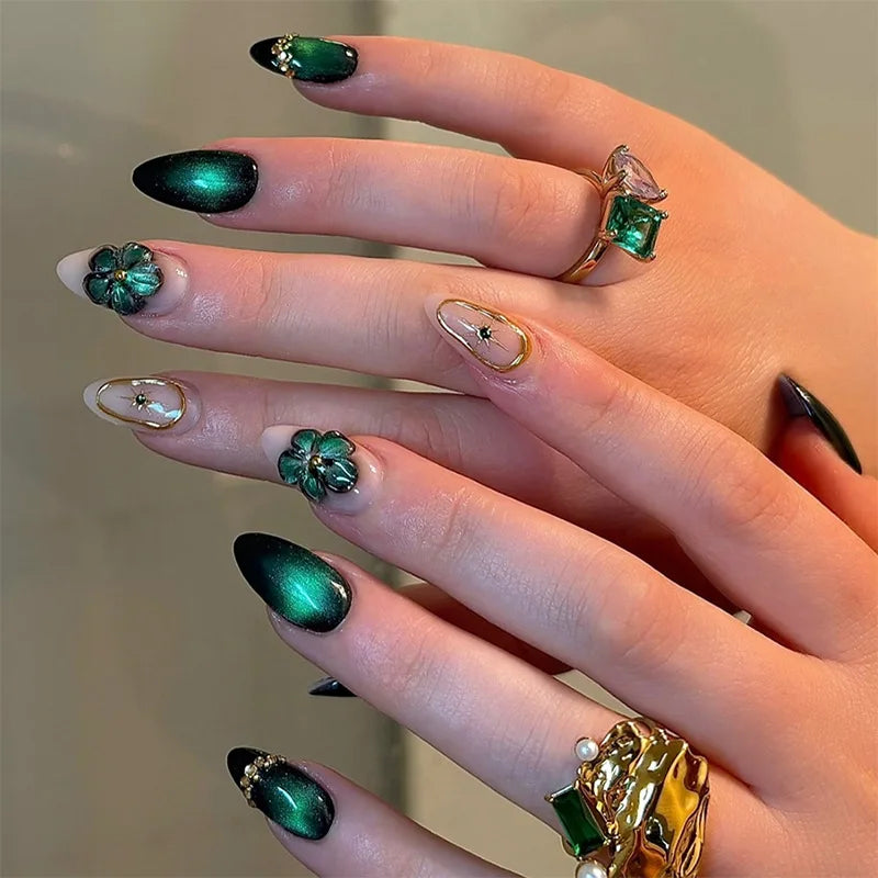 24pcs Glitter Cat Eye Fake Nails Medium Almond False Nails Golden Irregular Line Nail Art French Flower Pearl Press on Nails (C)