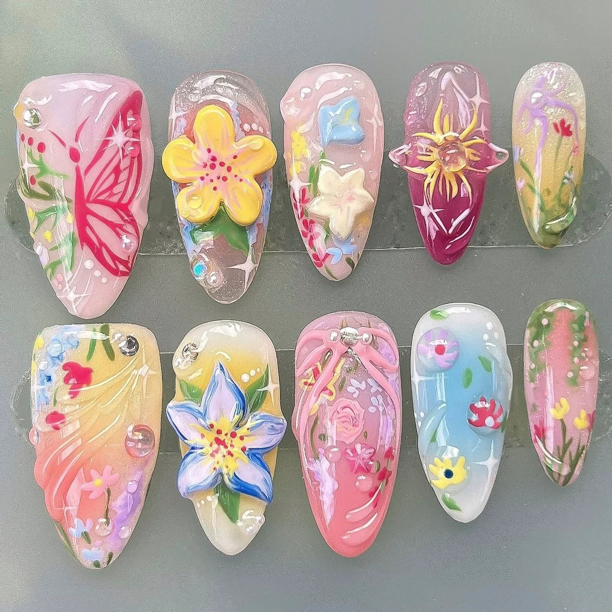 24pcs Pink Flower Almond Press on Nails Kawaii False Nails Wearable Stick-on Nails Fake Nail (B)