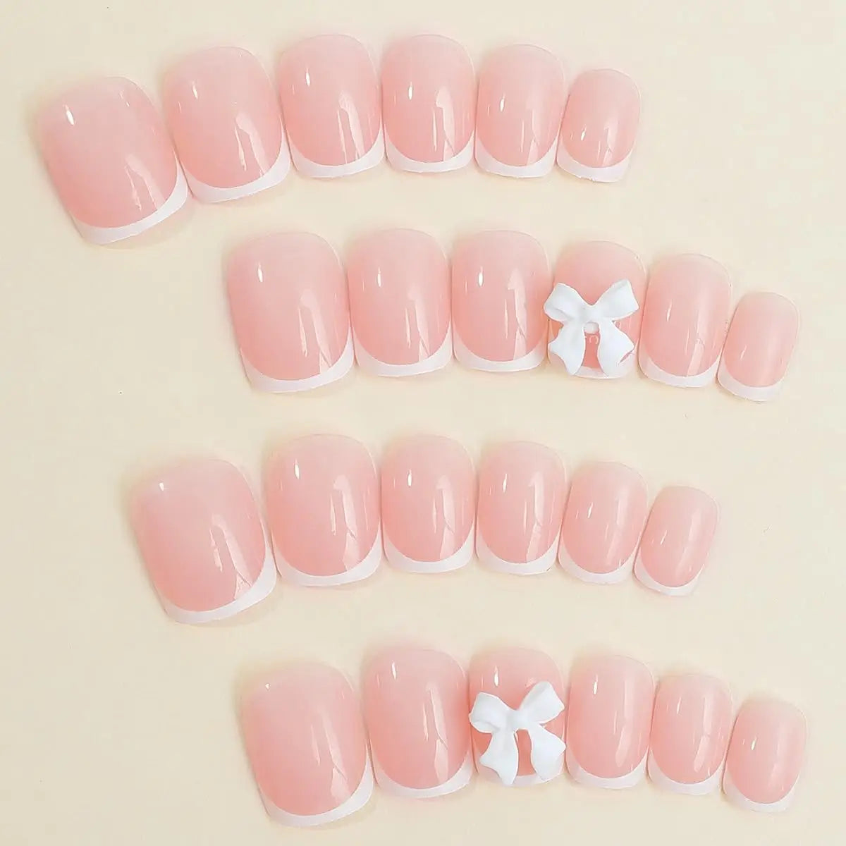24pcs Medium Square White French Fake Bow Nails  Detachable And Reusable Jelly Glue 1pc Cuticle Pusher