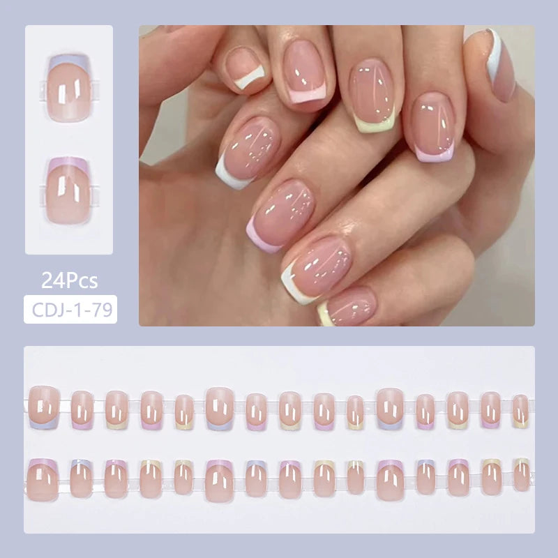 24Pcs Fashion French Style False Nails With Jelly Nail Glue Simple Removable Wearable Press On Nail Tip Supply