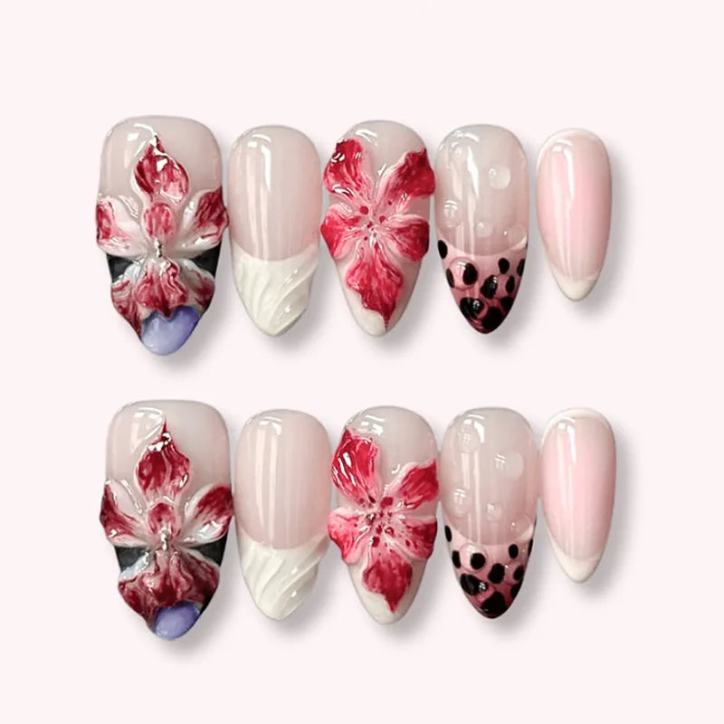 24pcs Pink Flower Almond Press on Nails Kawaii False Nails Wearable Stick-on Nails Fake Nail (B)