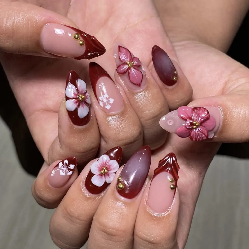 24pcs Pink Flower Almond Press on Nails Kawaii False Nails Wearable Stick-on Nails Fake Nail (B)