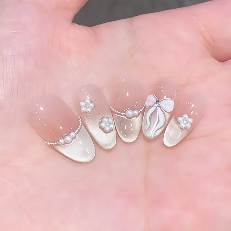 24pcs Pink Flower Almond Press on Nails Kawaii False Nails Wearable Stick-on Nails Fake Nail (B)