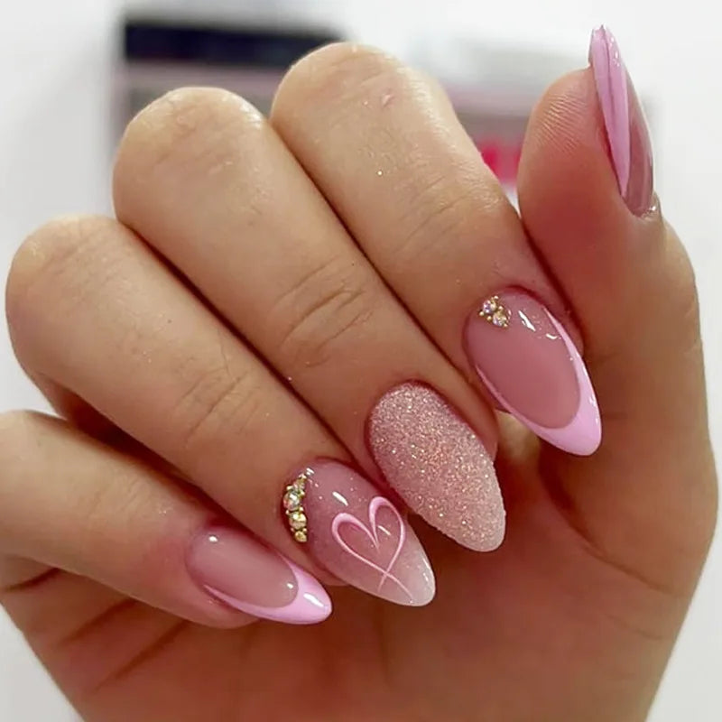 24pcs Pink Flower Almond Press on Nails Kawaii False Nails Wearable Stick-on Nails Fake Nail (B)