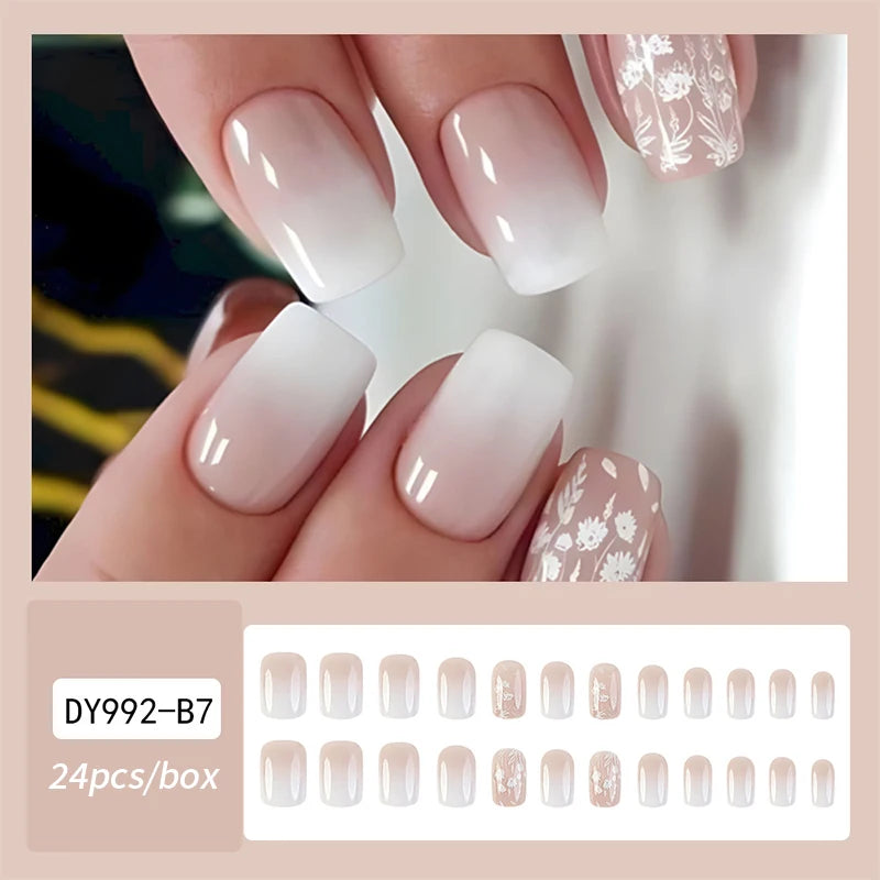 24Pcs Fashion French Style False Nails With Jelly Nail Glue Simple Removable Wearable Press On Nail Tip Supply