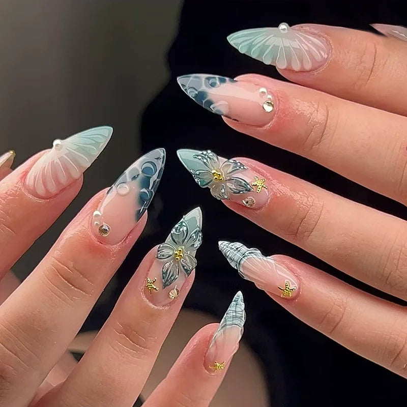 24pcs Pink Flower Almond Press on Nails Kawaii False Nails Wearable Stick-on Nails Fake Nail (B)