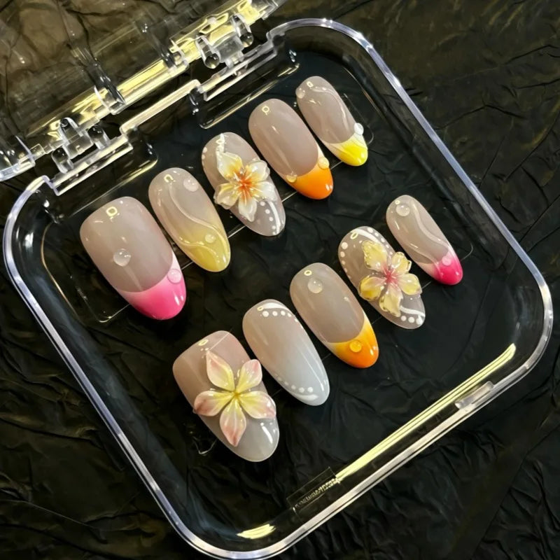 24PCS Press on Nails Pink 3D Pink Flower Marble Wave Print with Gold Bead Fake Nails Elegant Romantic Style Reusable False Nails