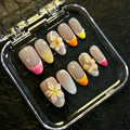 24PCS Press on Nails Pink 3D Pink Flower Marble Wave Print with Gold Bead Fake Nails Elegant Romantic Style Reusable False Nails