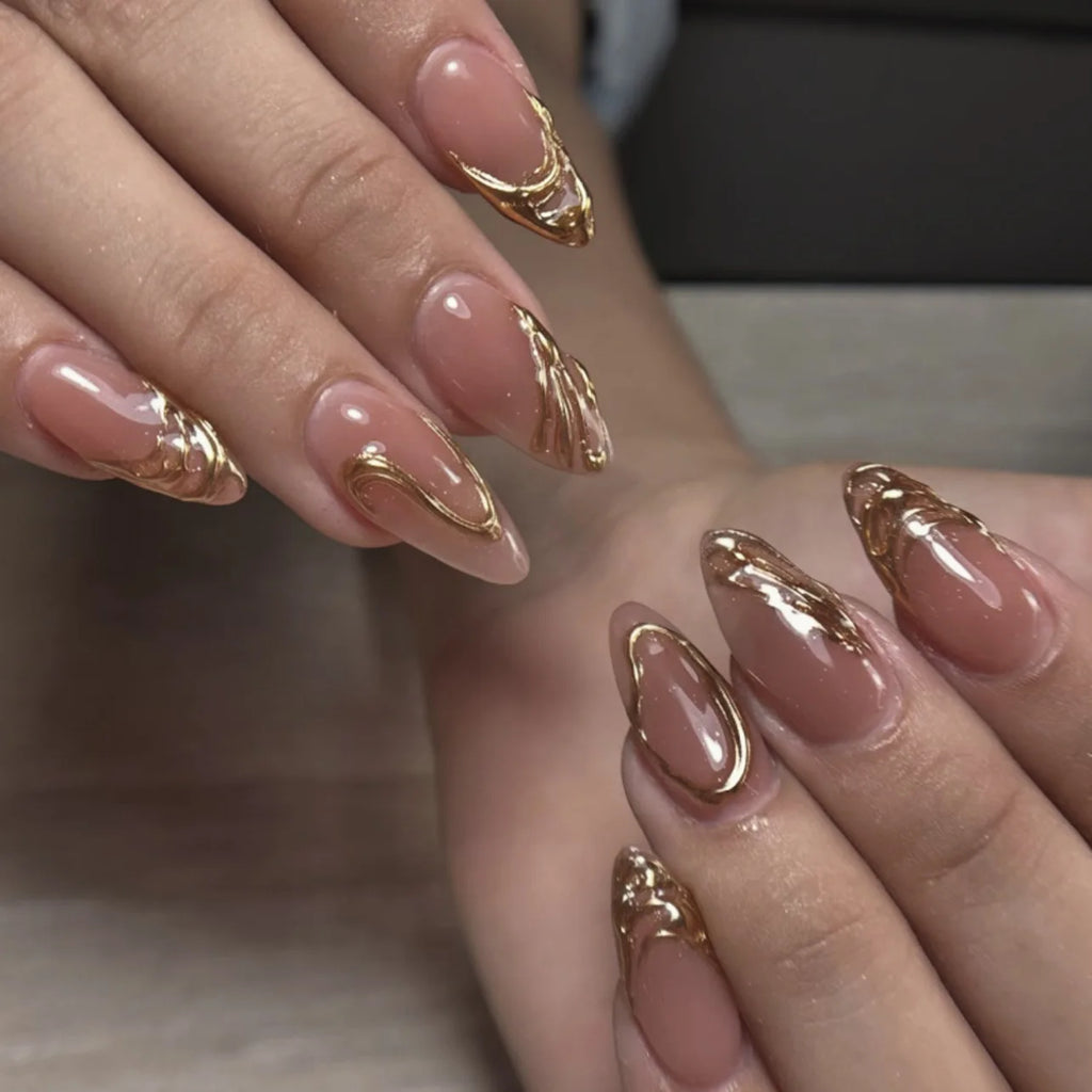 24pcs Glitter Cat Eye Fake Nails Medium Almond False Nails Golden Irregular Line Nail Art French Flower Pearl Press on Nails (C)
