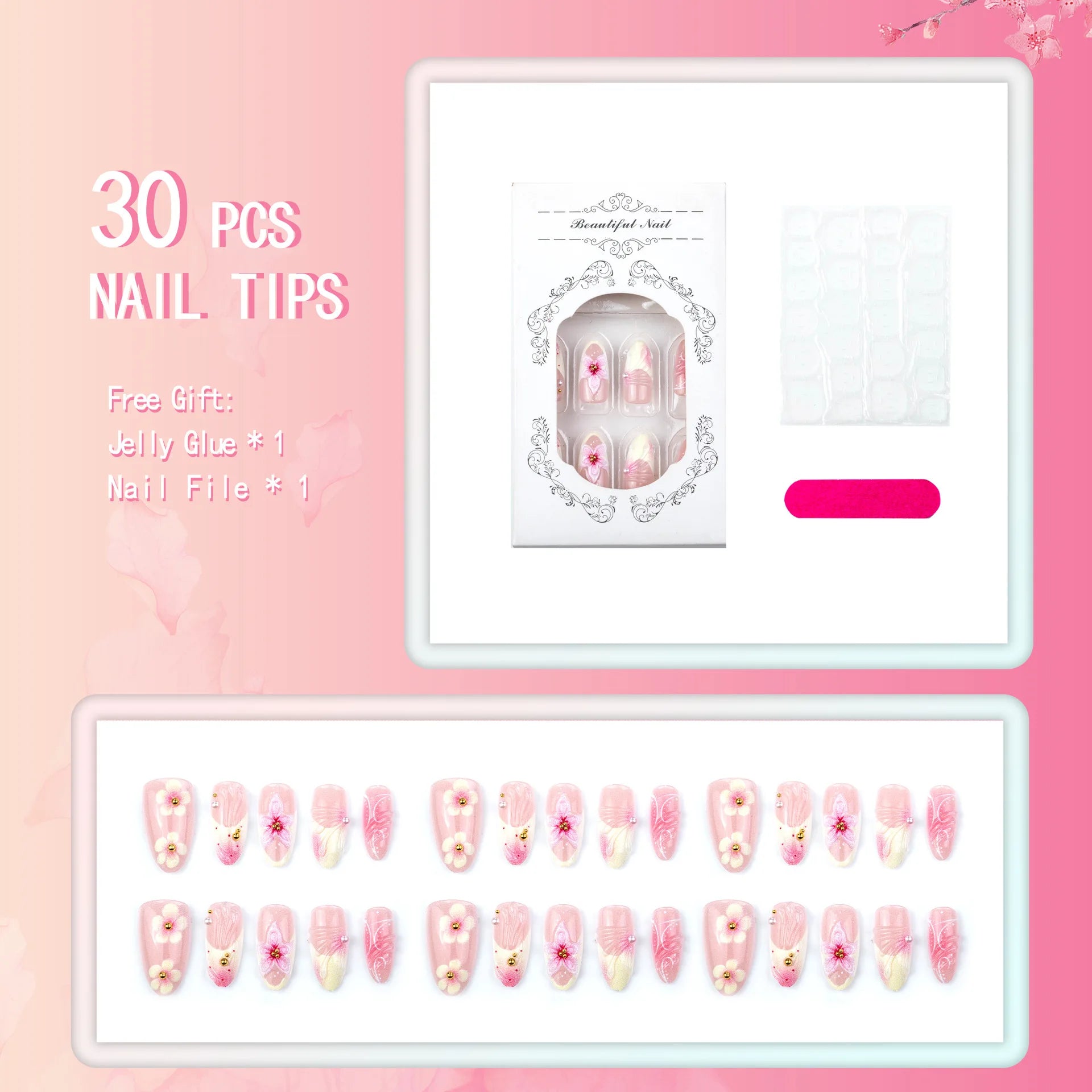 24PCS Press on Nails Pink 3D Pink Flower Marble Wave Print with Gold Bead Fake Nails Elegant Romantic Style Reusable False Nails