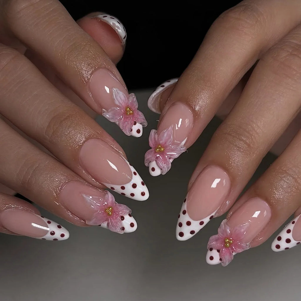 24pcs Pink Flower Almond Press on Nails Kawaii False Nails Wearable Stick-on Nails Fake Nail (B)