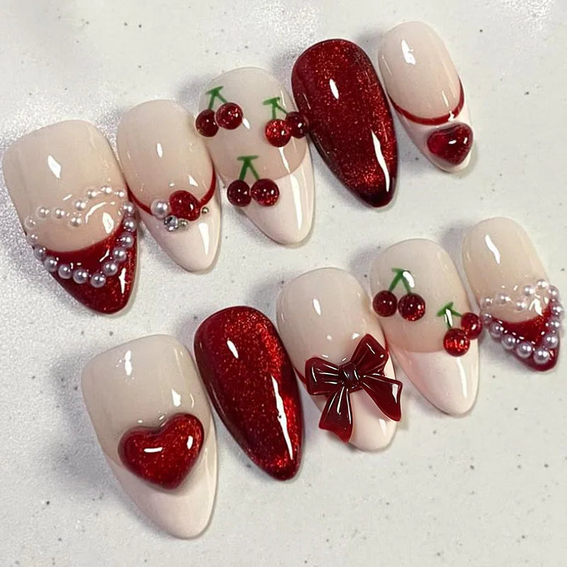 24pcs Pink Flower Almond Press on Nails Kawaii False Nails Wearable Stick-on Nails Fake Nail (B)