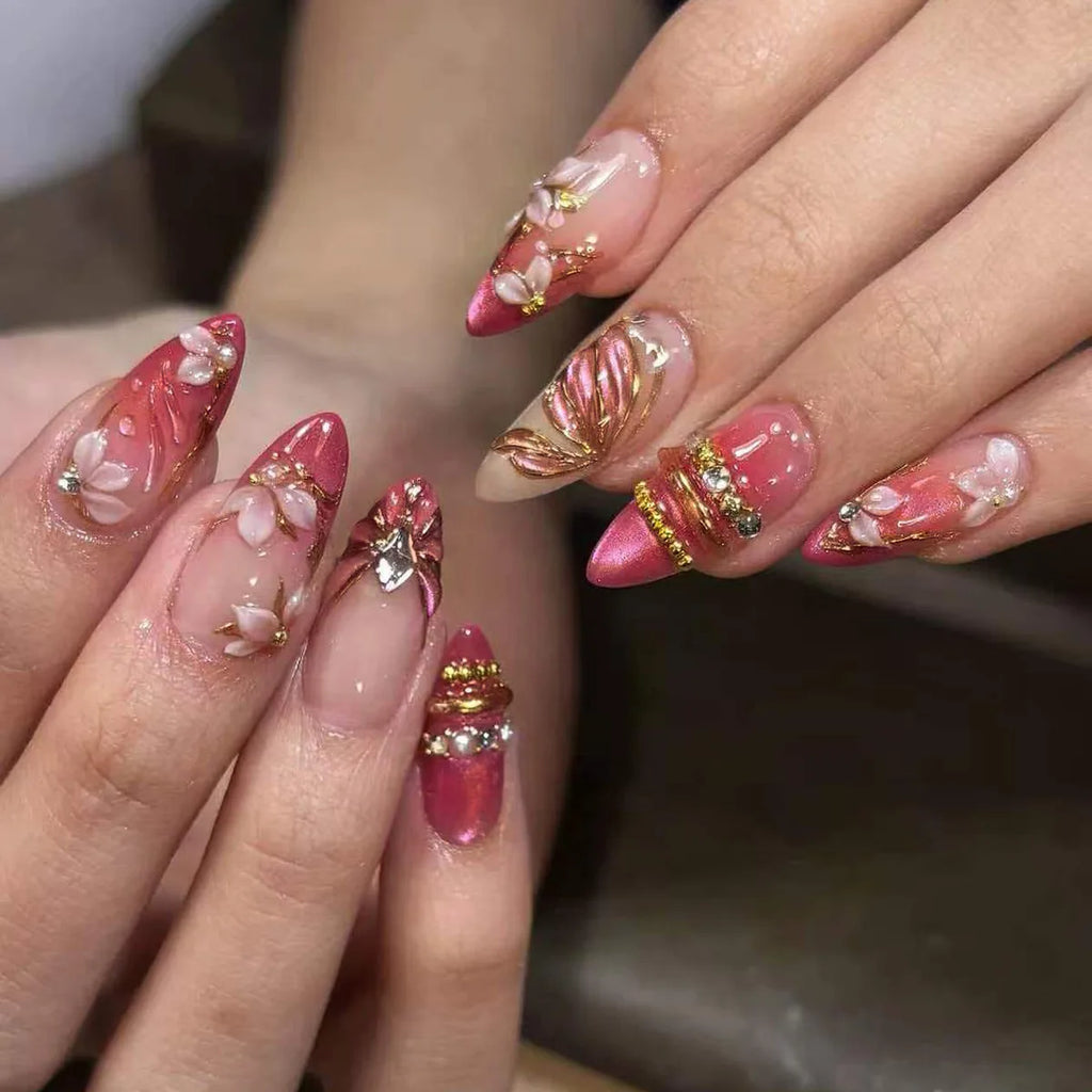 24pcs Pink Flower Almond Press on Nails Kawaii False Nails Wearable Stick-on Nails Fake Nail (B)