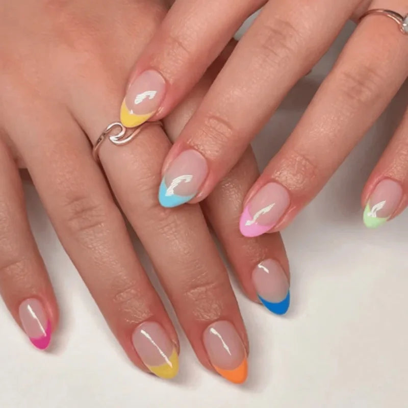 24pcs Pink Flower Almond Press on Nails Kawaii False Nails Wearable Stick-on Nails Fake Nail (B)