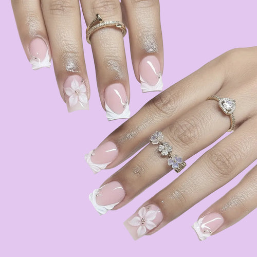 24PCS 3D Glue-on Nails Set for women girls French Style Golden Frame Embossed White Flowers Square Shaped Press on Nails