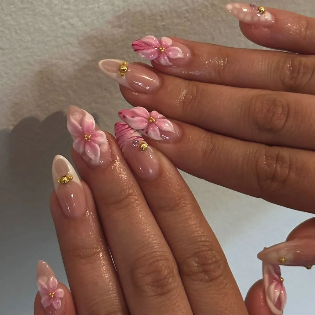 24pcs Pink Flower Almond Press on Nails Kawaii False Nails Wearable Stick-on Nails Fake Nail