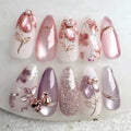 24pcs Glitter Cat Eye Fake Nails Medium Almond False Nails Golden Irregular Line Nail Art French Flower Pearl Press on Nails (B)