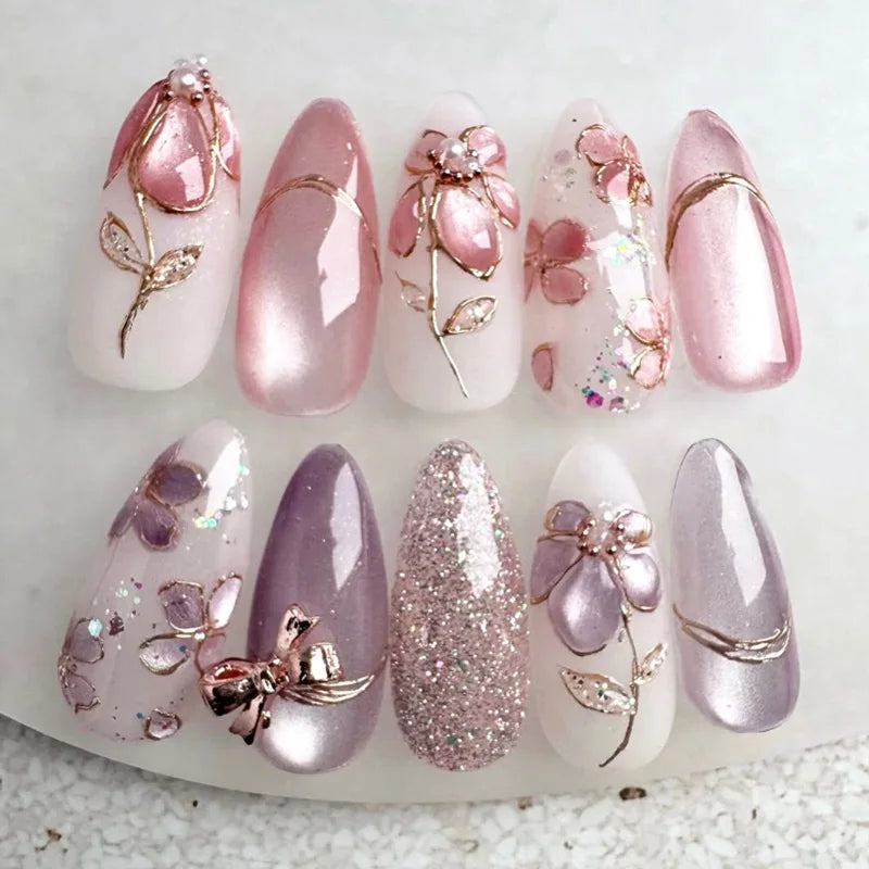 24pcs Glitter Cat Eye Fake Nails Medium Almond False Nails Golden Irregular Line Nail Art French Flower Pearl Press on Nails (B)