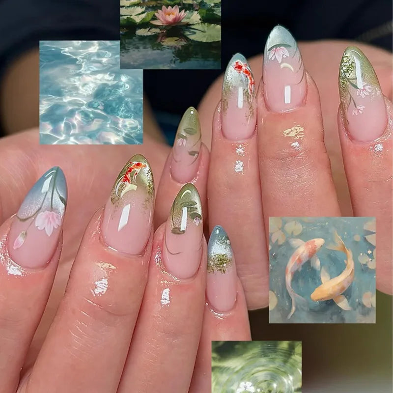 24pcs Glitter Cat Eye Fake Nails Medium Almond False Nails Golden Irregular Line Nail Art French Flower Pearl Press on Nails (C)