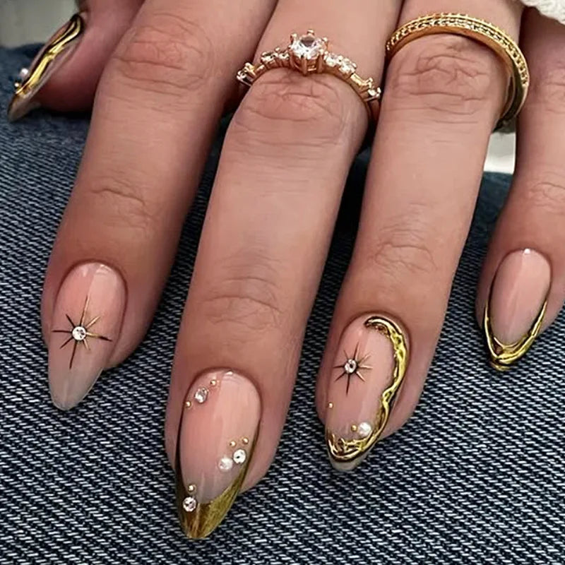 24pcs Glitter Cat Eye Fake Nails Medium Almond False Nails Golden Irregular Line Nail Art French Flower Pearl Press on Nails (C)