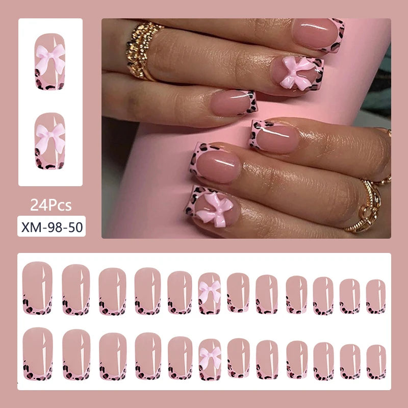 24Pcs Fashion French Style False Nails With Jelly Nail Glue Simple Removable Wearable Press On Nail Tip Supply